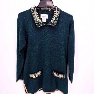 Vintage Jaclyn Smith Sparkle Knit Collar Embellished Sweater Top Green‎ Size S